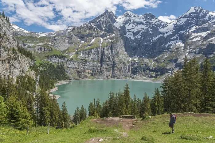 Framed Print : Mountain landscape with Lake Oeschinen and Blueemlisalp