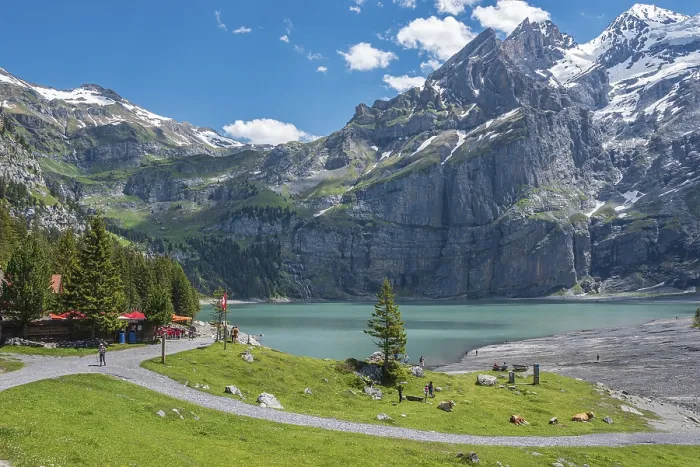 Framed Print : Mountain landscape on Lake Oeschinen with Bluemlisalp Framed Print : Mountain landscape on Lake Oeschinen with Bluemlisalp