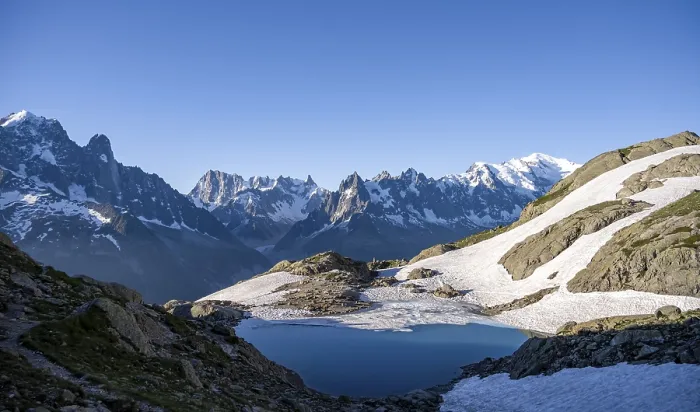 Framed Print : Mountain landscape in the morning light with mountain lake Lac Blanc