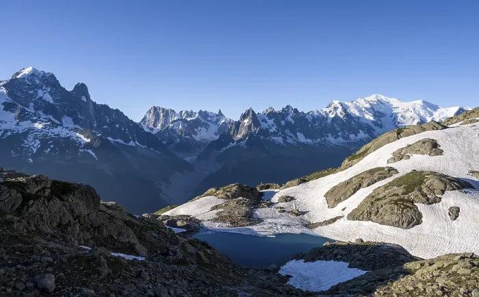Framed Print : Mountain landscape in the morning light with mountain lake Lac Blanc