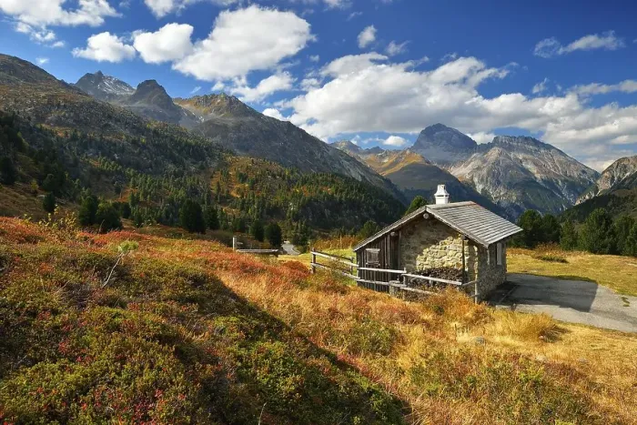Framed Print : Mountain landscape with mountain hut in autumn Framed Print : Mountain landscape with mountain hut in autumn