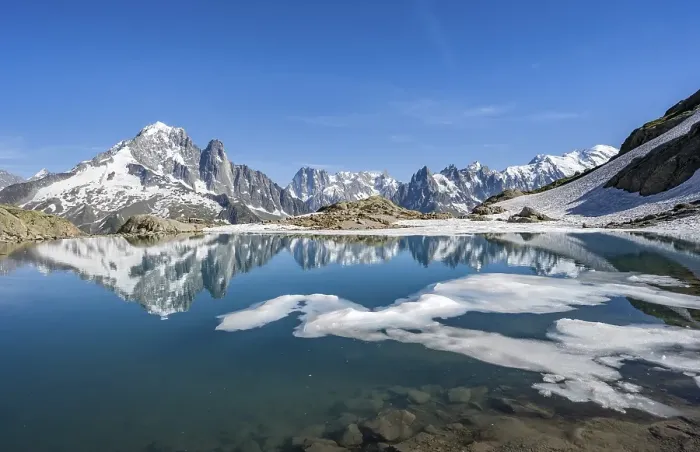 Framed Print : Mountain landscape with mountain lake and ice floe Framed Print : Mountain landscape with mountain lake and ice floe