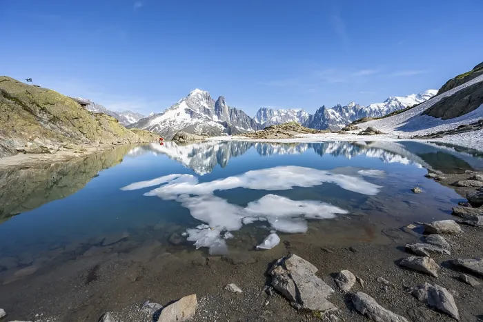 Framed Print : Mountain landscape with mountain lake and ice floe Framed Print : Mountain landscape with mountain lake and ice floe