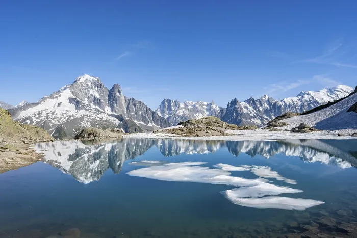 Framed Print : Mountain landscape with mountain lake and ice floe
