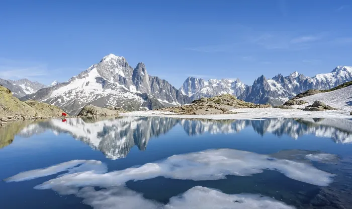 Framed Print : Mountain landscape with mountain lake and ice floe Framed Print : Mountain landscape with mountain lake and ice floe