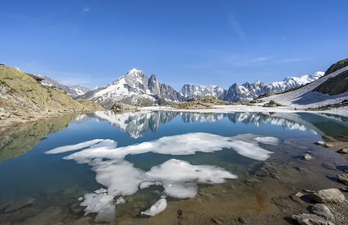 Framed Print : Mountain landscape with mountain lake and ice floe