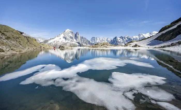 Framed Print : Mountain landscape with mountain lake and ice floe