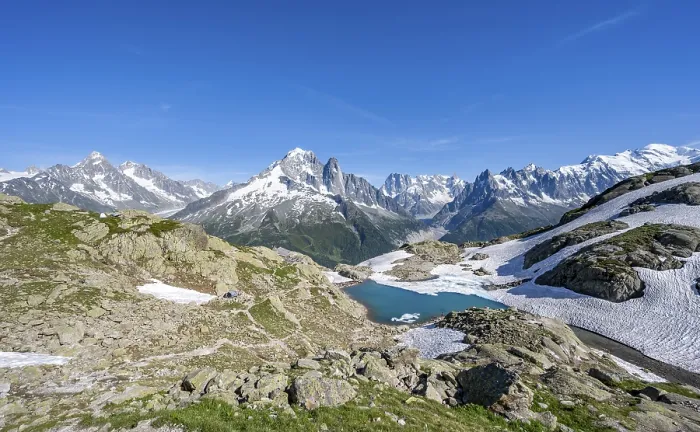 Framed Print : Mountain landscape with mountain lake Lac Blanc