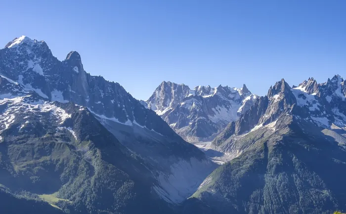 Framed Print : Mountain landscape with mountain peak Grandes Jorasses and glacier Mer de Glace