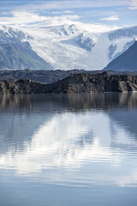 Framed Print : Mountain landscape reflected in glacial lake