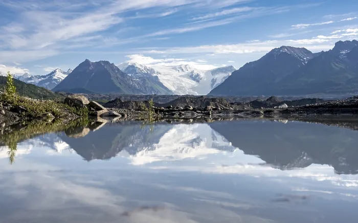Framed Print : Mountain landscape reflected in glacial lake
