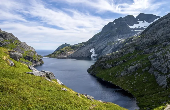 Framed Print : Mountain landscape with sea and lake Fjerddalsvatnet