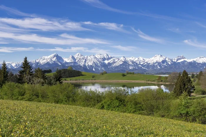 Framed Print : Mountain landscape, spring meadow near Fuessen Framed Print : Mountain landscape, spring meadow near Fuessen