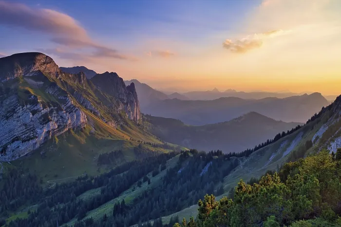 Framed Print : Mountain landscape at sunset, view of Glarnerland and Central Switzerland