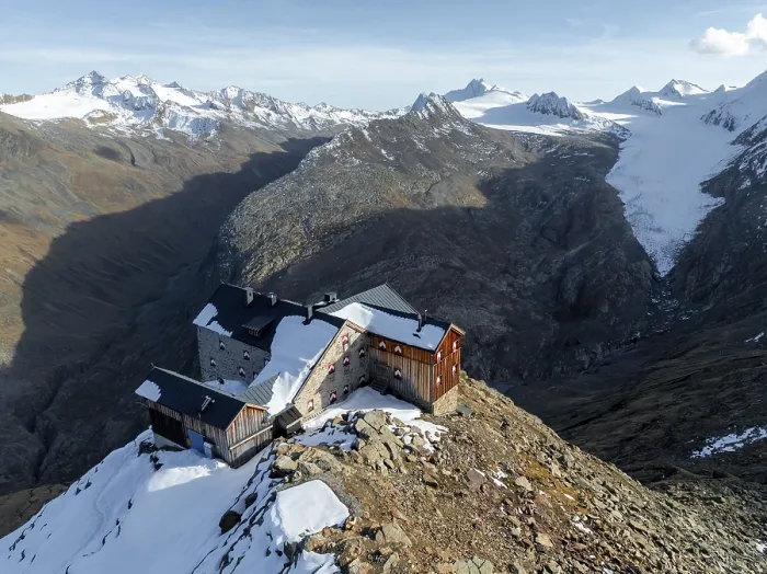 Framed Print : Mountain panorama and glacier, mountain hut Ramolhaus in autumn with snow