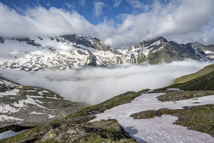 Framed Print : Mountain panorama with high fog in the valley