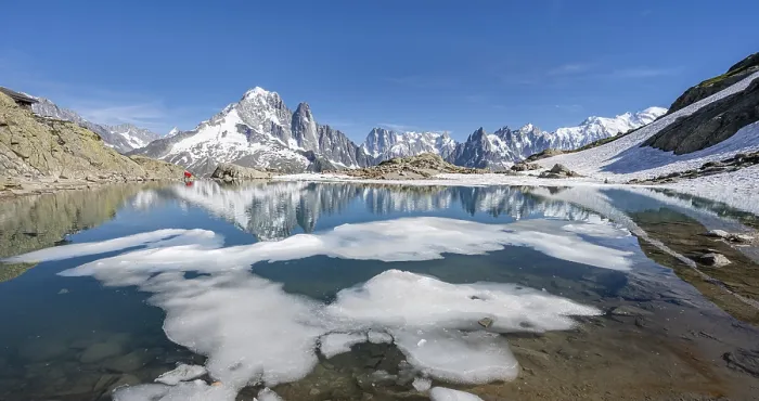 Framed Print : Mountain panorama, ice floe on Lac Blanc Framed Print : Mountain panorama, ice floe on Lac Blanc