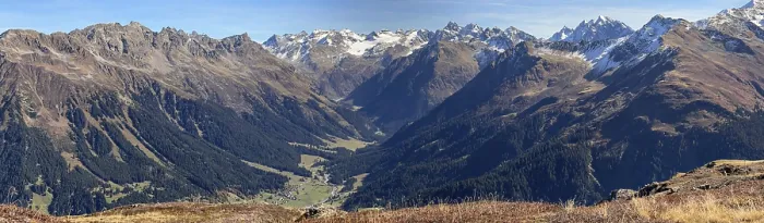Framed Print : Mountain panorama to Monbiel and on to Silvretta with Piz Buin in autumn