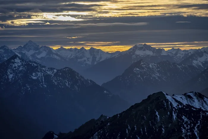 Framed Print : Mountain panorama with snow at sunset Framed Print : Mountain panorama with snow at sunset