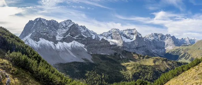 Framed Print : Mountain panorama with steep rocky peaks