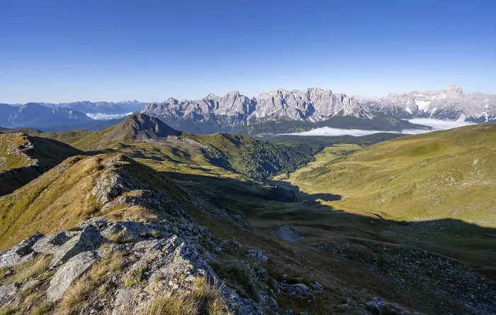 Framed Print : Mountain panorama, view of rocky mountain peaks of the Sesto Dolomites