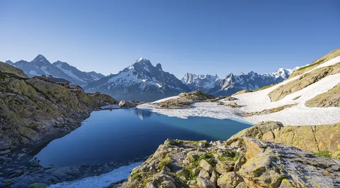 Framed Print : Mountain panorama with water reflection in Lac Blanc