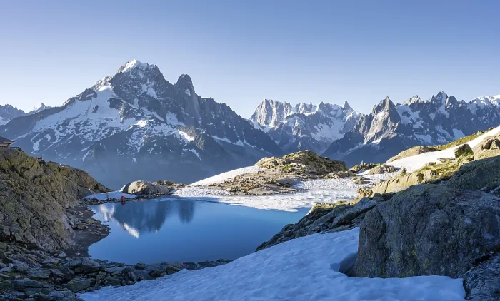 Framed Print : Mountain panorama with water reflection in Lac Blanc Framed Print : Mountain panorama with water reflection in Lac Blanc