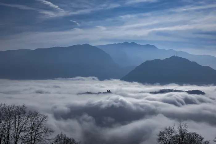 Framed Print : Mountain Peak Above Cloudscape in a Sunny Day in Lugano