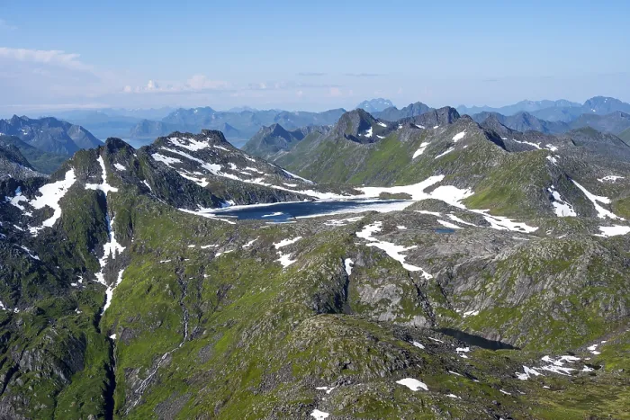 Framed Print : Mountain peak and lake, view at the summit of Rundfjellet
