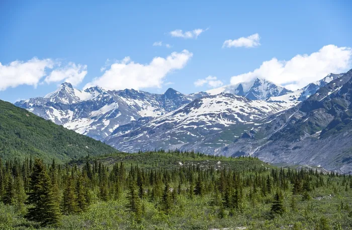Framed Print : Mountain peak with snow and taiga