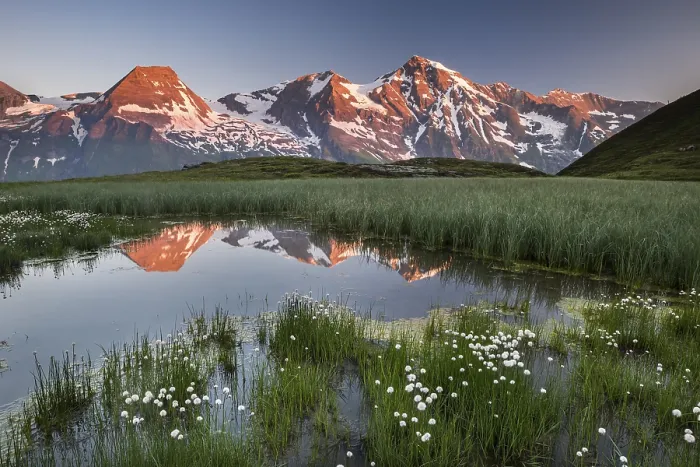 Framed Print : Mountain peaks are reflected in a small pond