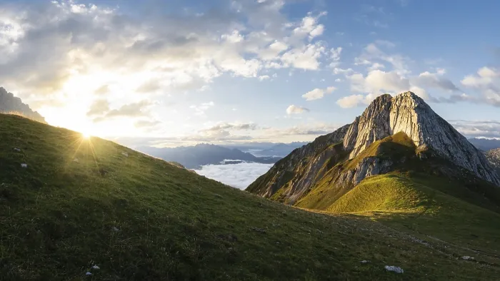 Framed Print : Mountain Predigstein in the Mountain range Wetterstein range in Tyrol Austria at sunrise