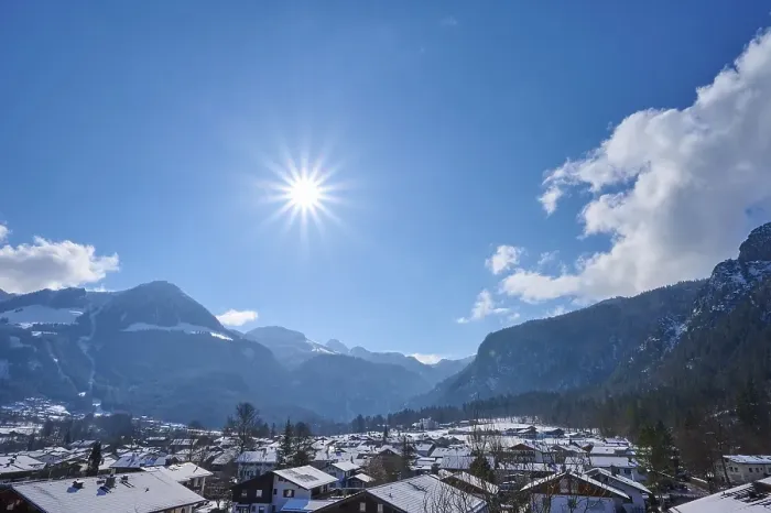 Framed Print : Mountain range with Jenner mountain and sun in winter