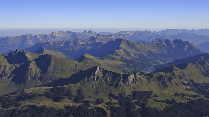 Framed Print : Mountain ranges in the Swiss Alps on a summer morning