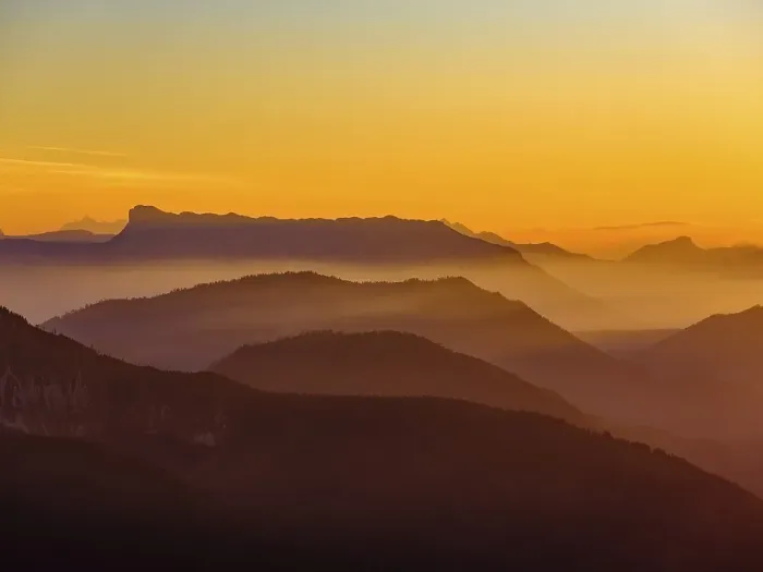 Framed Print : Mountain silhouettes at dusk, Alpine panorama from Schafberg with the Untersberg