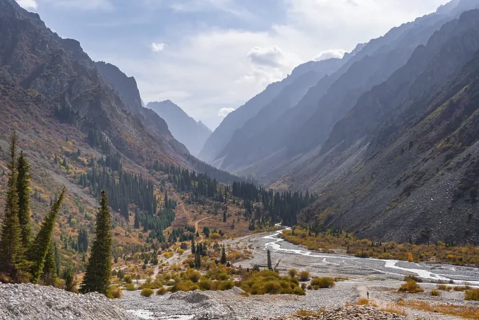 Framed Print : Mountain stream Ala Archa flows through the Ala Archa valley