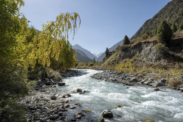 Framed Print : Mountain stream Ala Archa flows through the Ala Archa valley