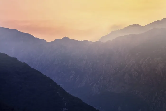 Framed Print : Mountain sunset and colored sky with clouds
