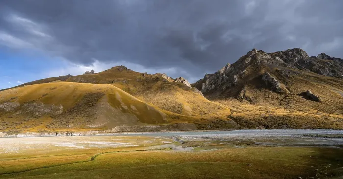 Framed Print : Mountain valley with Sary Jaz river in the evening light