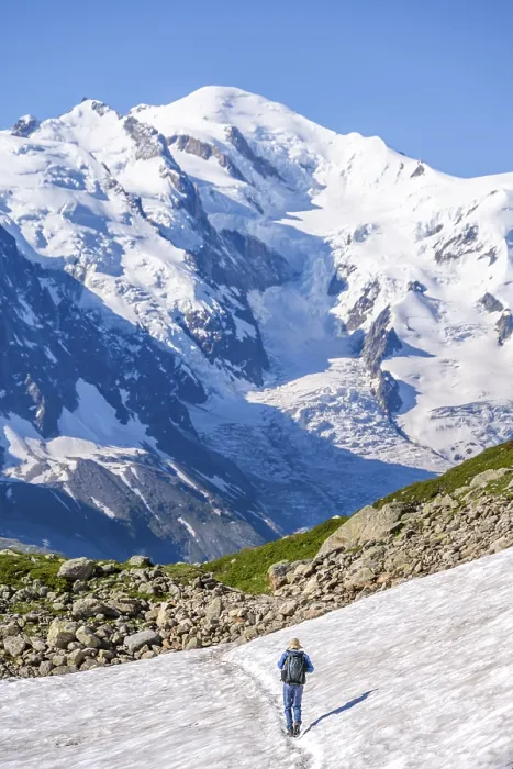 Framed Print : Mountaineer crossing a snowfield