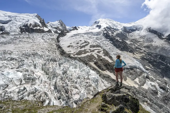 Framed Print : Mountaineer on the glacier, High alpine glaciated mountain landscape