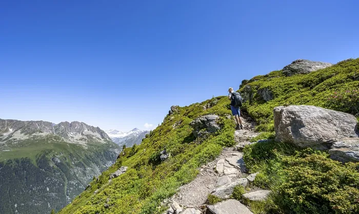 Framed Print : Mountaineer on hiking trail, hike to Aiguillette des Posettes