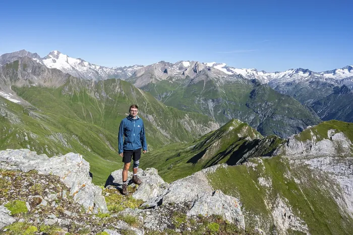 Framed Print : Mountaineer in front of mountain panorama with Grossvenediger Framed Print : Mountaineer in front of mountain panorama with Grossvenediger