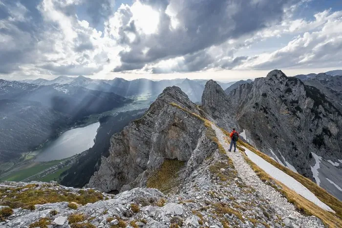 Framed Print : Mountaineer on the ridge between Rote Flueh and Schartschrofen