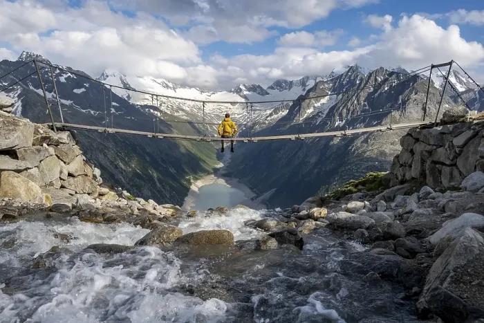 Framed Print : Mountaineer sitting on a suspension bridge over a mountain stream Alelebach