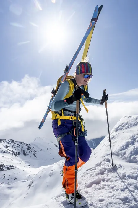 Framed Print : Mountaineer with skis at the fork Porta d'Es-cha