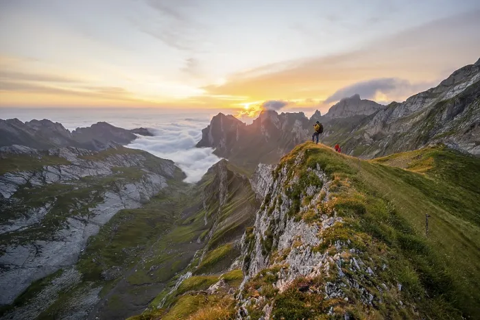 Framed Print : Mountaineer at sunrise on the Rotstein Pass