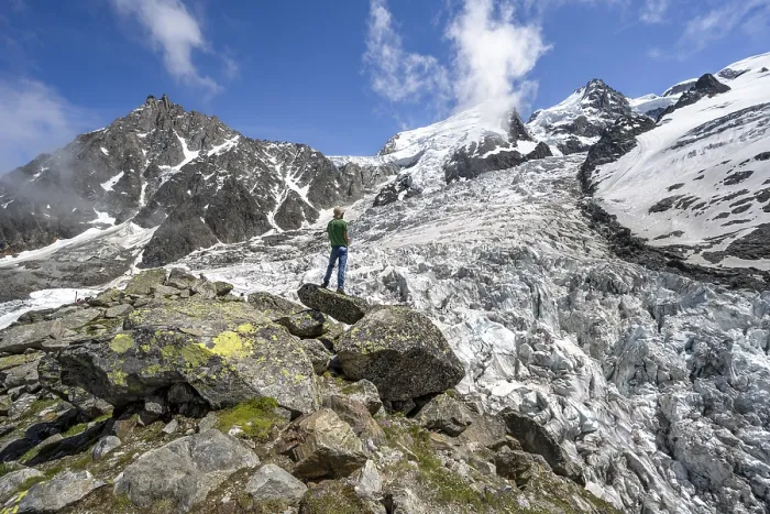 Framed Print : Mountaineers on the glacier, High alpine glaciated mountain landscape