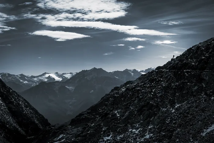 Framed Print : Mountaineers on mountain ridge in the background glaciated mountains