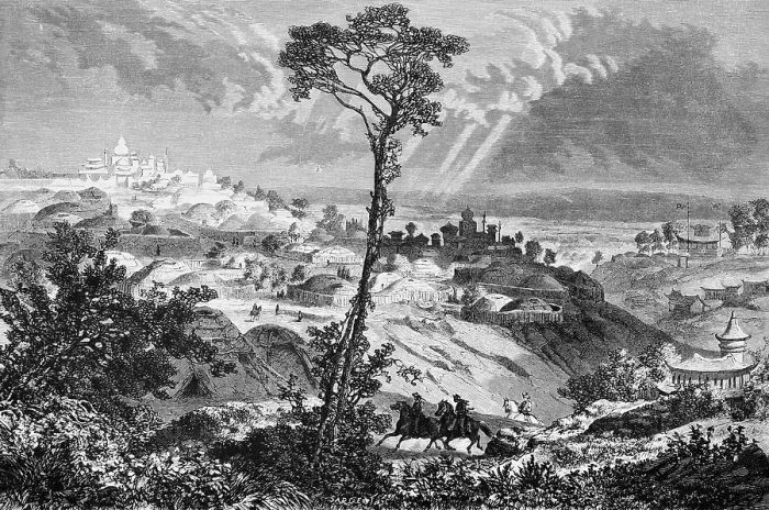 Framed Print : Mountainous landscape around Urga, today's Ulaanbaatar or Ulan Bator, city complex on a slope, capital, temple, round tents, horsemen, travelling in Asia, Mongolia, historical illustration 1887, Asia